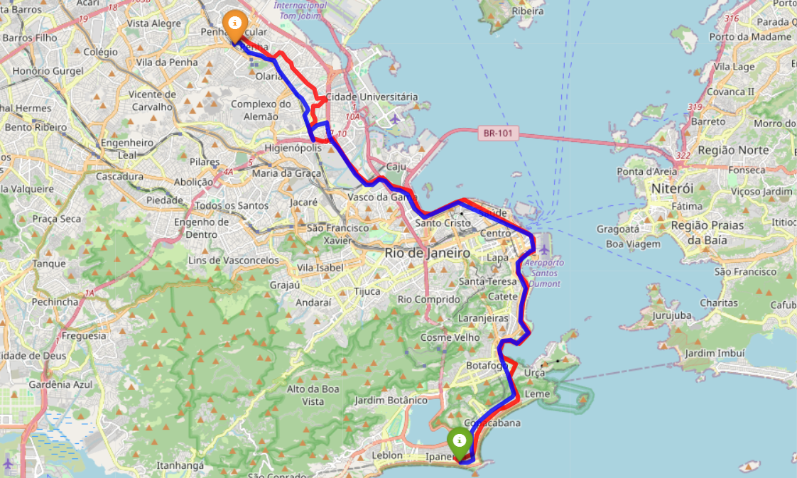 Carte de la ligne 483 avec ses terminaux et son iténiraire avec en rouge le sens aller et en bleu le sens retour