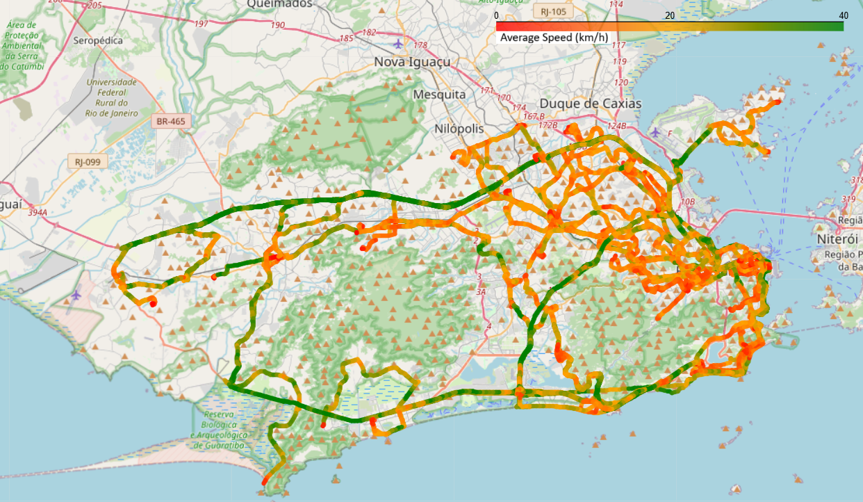 Carte des troncons avec un code couleurs du vert au orange pour les vitesses moyennes sur ces troncons