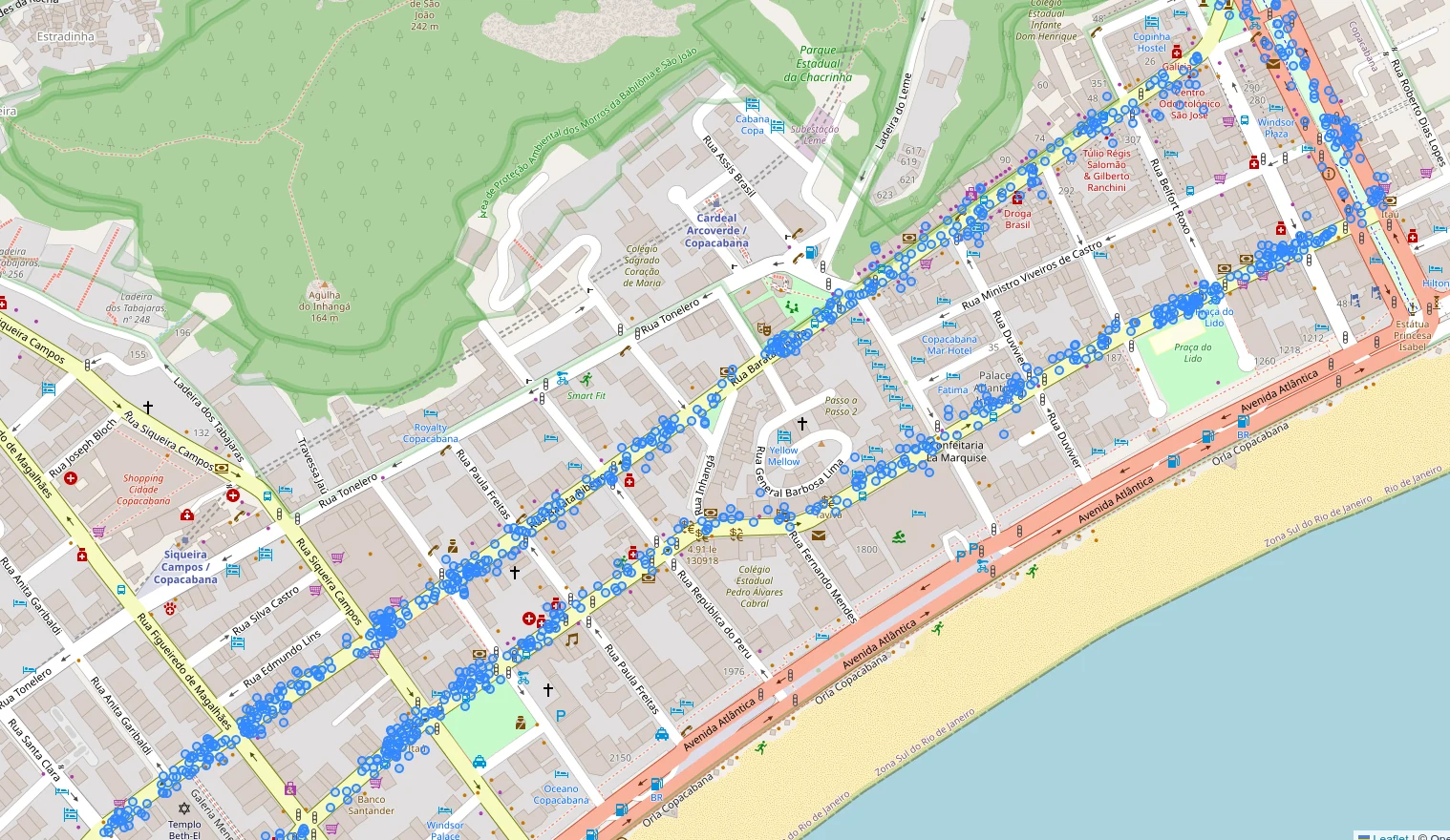 Données GPS brutes visualisées sur la zone de Copacabana.