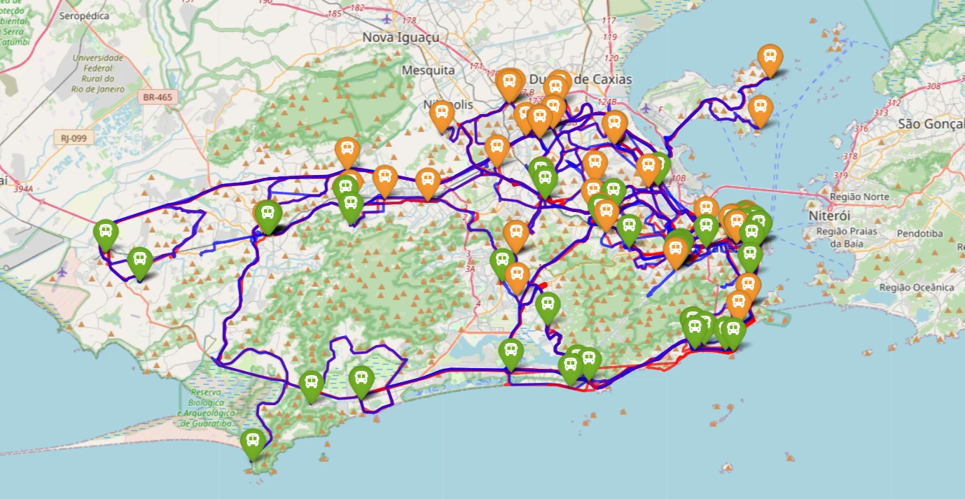 Tracés théoriques des lignes de bus et détection des terminaux.