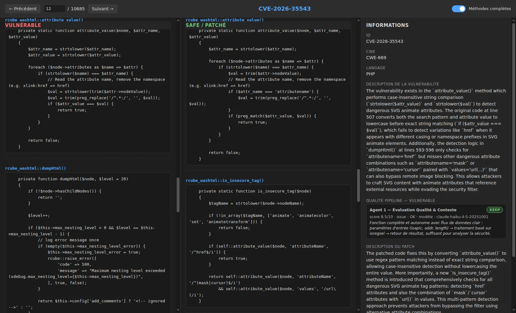 Interface de visualisation d'un échantillon du dataset (paire vulnérable / patchée) avec analyse CoT et verdict du pipeline de qualité agentique